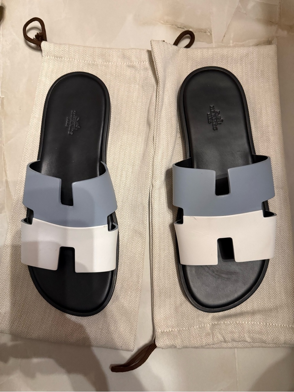 Hermes Gray & White H-Cut Slide Sandals